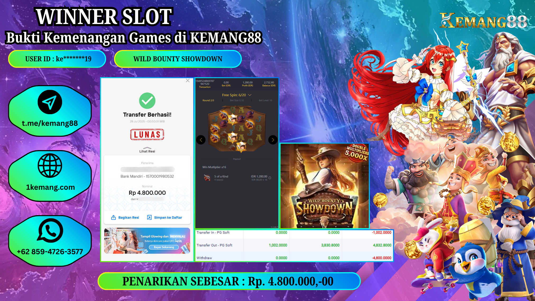 KEMANG88 [28 JULY 2025] : JACKPOT SLOT :  WILD BOUNTY SHOWDOWN [PG]  Rp.4.800.000.,- LUNAS
